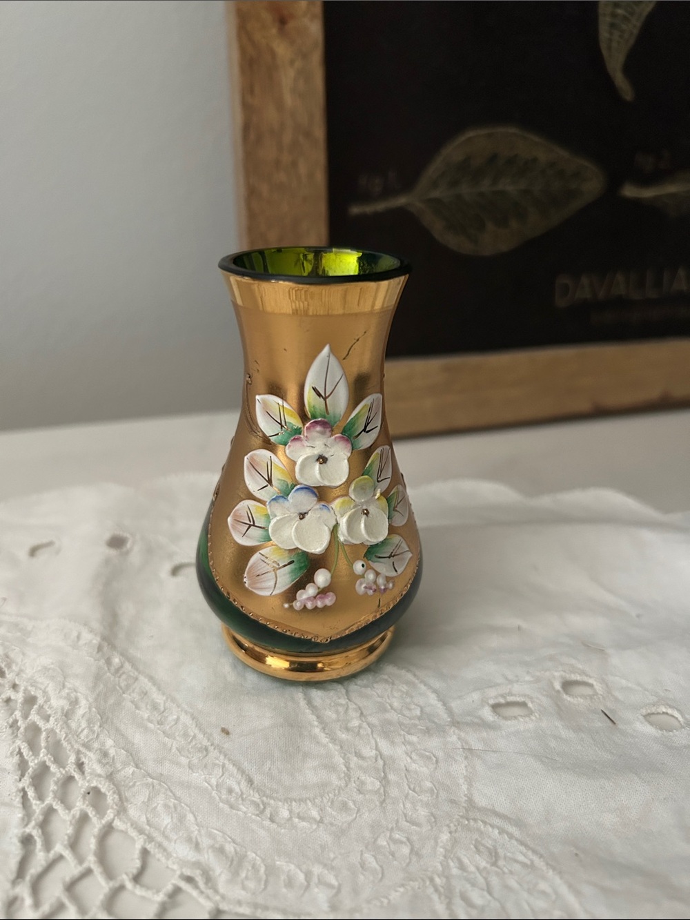 Hand-Painted Gold and Green Floral Accent Vase